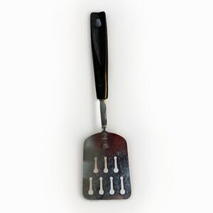 Ekco Chromium Plated Keyhole Spatula Short Handle Black Plastic Melt Marks 10”